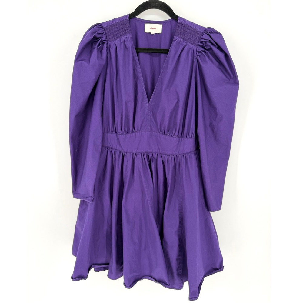 Xirena Ophelia Dress Puff Sleeve Cotton Mini M Purple V-Neck Smocked Boho Poplin